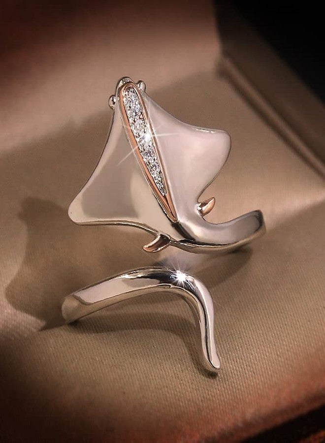 Ecooon 925 Sterling Silver Stingray open adjustable Ring for women, ocean Animal adjustable Cubic Zirconia ring, Manta Ray Wrap Open Ring for Women gift Jewelry size 6-10 - Image 3